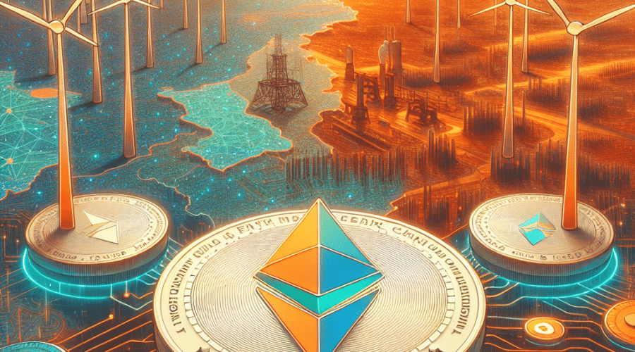 "AntChain's Ethereum blockchain network with orange Energy Asset Tokens over a map of China, valued at .4 billion. Subtle imagery of wind turbines and solar panels, in company’s brand colors, symbolizing clean energy. The image advances the concepts of cryptocurrency, blockchain technology, and sustainable energy."