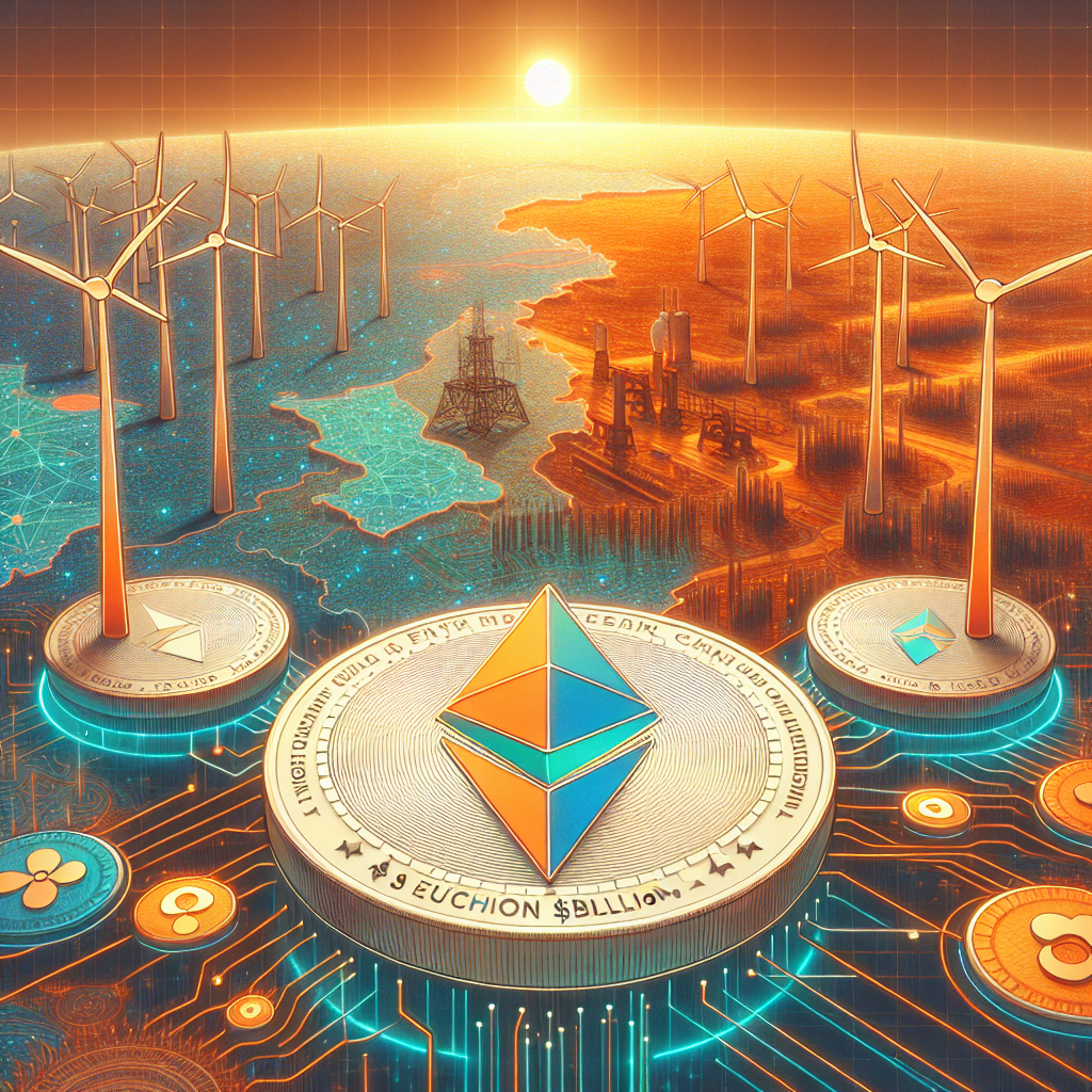 "AntChain's Ethereum blockchain network with orange Energy Asset Tokens over a map of China, valued at .4 billion. Subtle imagery of wind turbines and solar panels, in company’s brand colors, symbolizing clean energy. The image advances the concepts of cryptocurrency, blockchain technology, and sustainable energy."