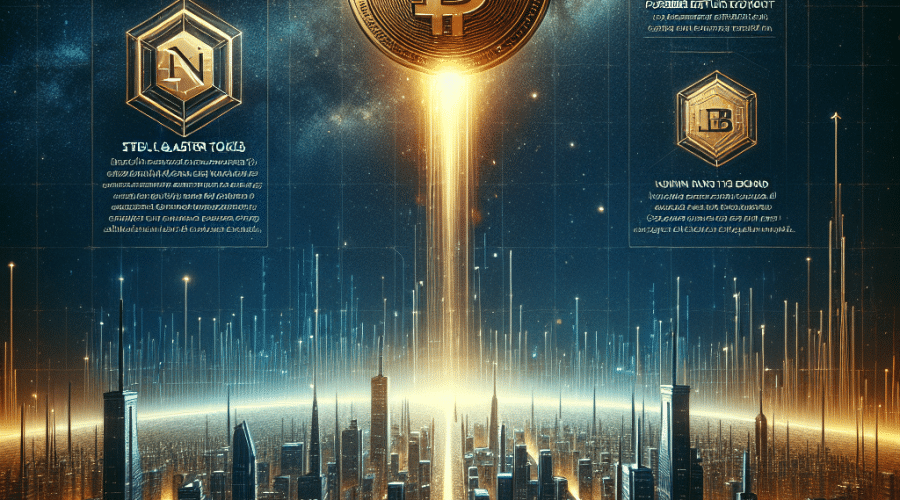 "BNB coin skyrocketing into the space symbolizing its all-time high value, amidst a digital city backdrop representing the dynamic Binance network activity. Depictions of STBL and ASTER tokens enrich the lower part. Indication of CZ's potential comeback to Binance nestled on the side. Harmony of orange representing achievement and dark to midnight blue hues illustrating the depth of digital space. Key texts: 'BNB Record High', 'STBL & ASTER Tokens', 'Possible Return of CZ'. Image dimension is 1200 x 628 pixels."