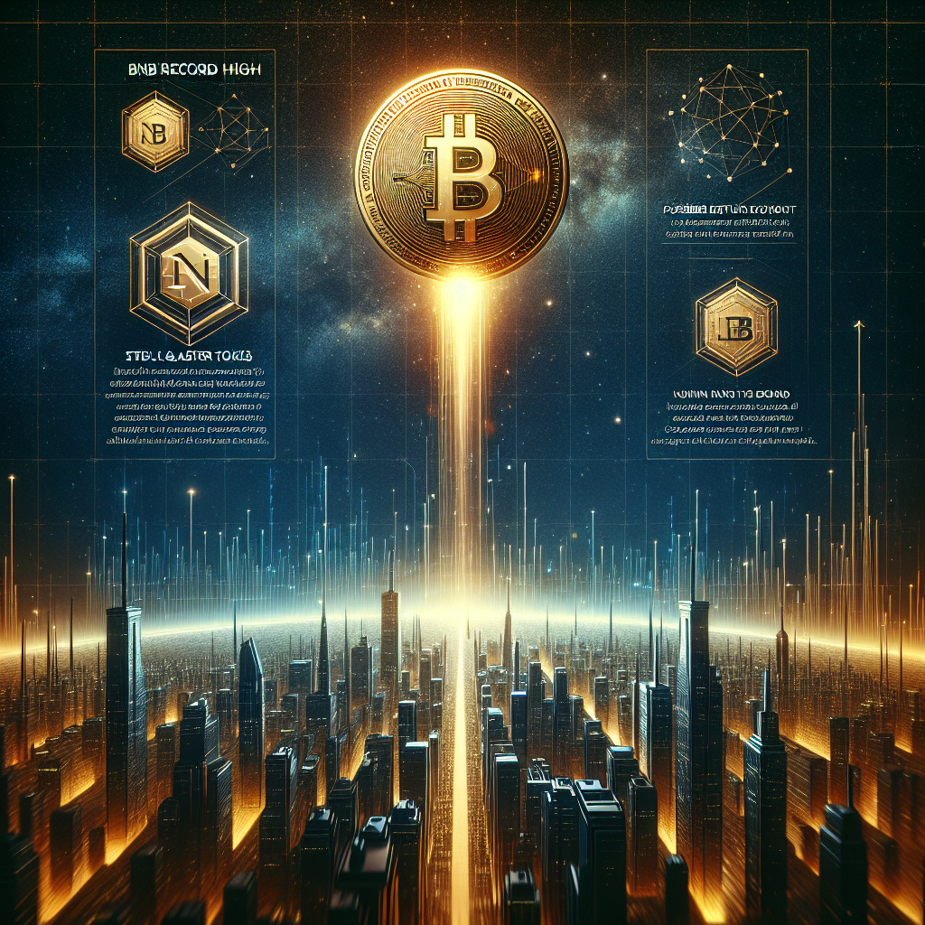"BNB coin skyrocketing into the space symbolizing its all-time high value, amidst a digital city backdrop representing the dynamic Binance network activity. Depictions of STBL and ASTER tokens enrich the lower part. Indication of CZ's potential comeback to Binance nestled on the side. Harmony of orange representing achievement and dark to midnight blue hues illustrating the depth of digital space. Key texts: 'BNB Record High', 'STBL & ASTER Tokens', 'Possible Return of CZ'. Image dimension is 1200 x 628 pixels."