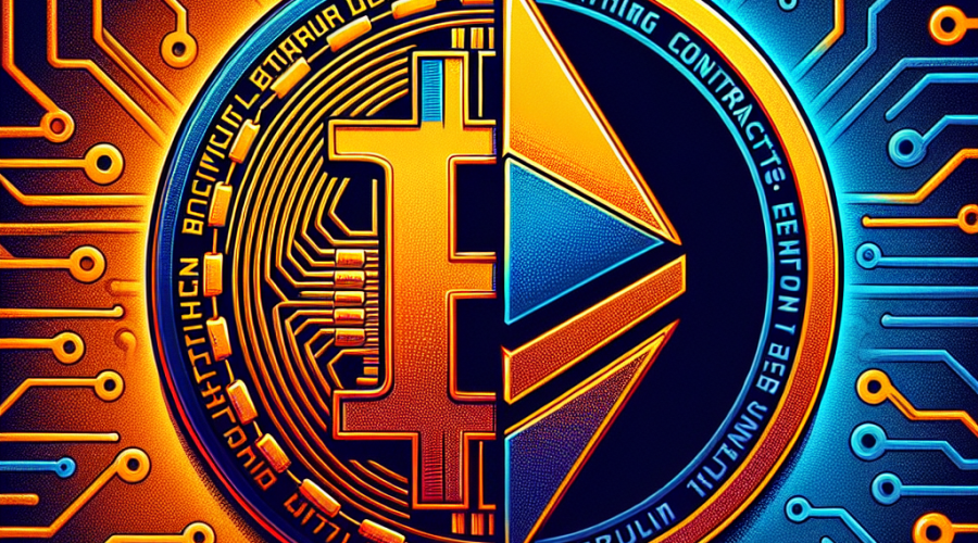 "1200x628 image showcasing fusion of golden Bitcoin and Ethereum logos against gradient backdrop of orange, dark blue and midnight blue symbolizing smart contracts, fungible tokens, and blockchain with title 'BRC20 and Ethereum Integration' overlayed in modern, cyber-themed font."