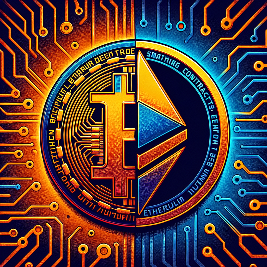 "1200x628 image showcasing fusion of golden Bitcoin and Ethereum logos against gradient backdrop of orange, dark blue and midnight blue symbolizing smart contracts, fungible tokens, and blockchain with title 'BRC20 and Ethereum Integration' overlayed in modern, cyber-themed font."