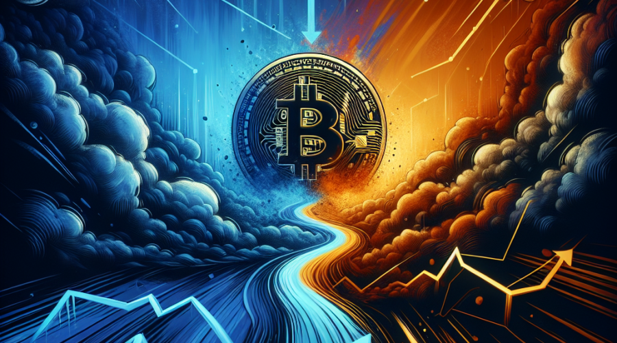 **SEO-Friendly Alt Text:** Dramatic digital illustration for a WordPress blog header (1200x628px) featuring a stylized Bitcoin coin at the center of a split pathway; one side descends into stormy dark blue and midnight blue clouds representing market crash and uncertainty, while the other side ascends into vibrant orange and blue rays symbolizing hope and bullish momentum. Abstract chart lines, echoing volatility and critical support/resistance levels, use the brand colors #FF9811, #000D43, and #021B88, visually capturing the tension and possibility in cryptocurrency markets.