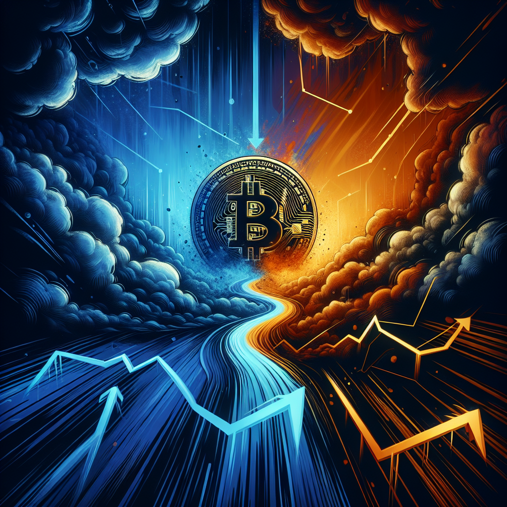 **SEO-Friendly Alt Text:** Dramatic digital illustration for a WordPress blog header (1200x628px) featuring a stylized Bitcoin coin at the center of a split pathway; one side descends into stormy dark blue and midnight blue clouds representing market crash and uncertainty, while the other side ascends into vibrant orange and blue rays symbolizing hope and bullish momentum. Abstract chart lines, echoing volatility and critical support/resistance levels, use the brand colors #FF9811, #000D43, and #021B88, visually capturing the tension and possibility in cryptocurrency markets.