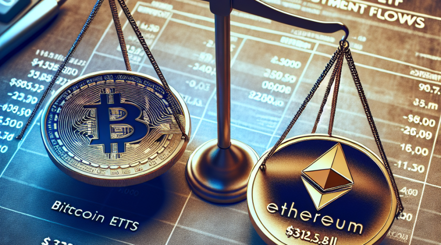 "Bitcoin ETF inflows surpass Ethereum, represented by a scale with Bitcoin coin coloured in Dark Blue (#000D43) weighing heavier. Ethereum coin coloured in Midnight Blue (#021B88) represents -5.3M investment flows. Opulent orange (#FF9811) title indicates 'Bitcoin ETFs Surpass Ethereum on Investment Flows'. The financial market chart subtly appears as a backdrop. Ideal size for the image is 1200 x 628 pixels."