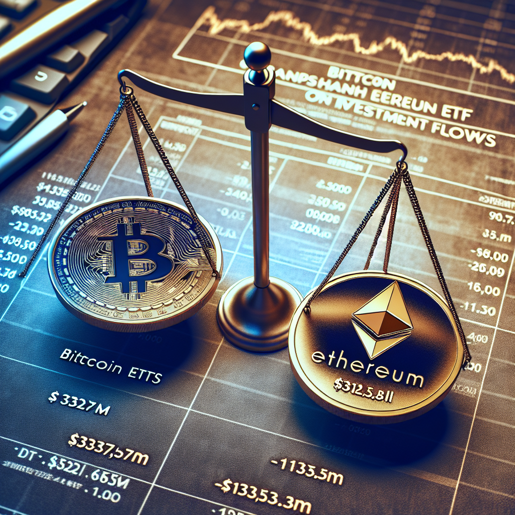 "Bitcoin ETF inflows surpass Ethereum, represented by a scale with Bitcoin coin coloured in Dark Blue (#000D43) weighing heavier. Ethereum coin coloured in Midnight Blue (#021B88) represents -5.3M investment flows. Opulent orange (#FF9811) title indicates 'Bitcoin ETFs Surpass Ethereum on Investment Flows'. The financial market chart subtly appears as a backdrop. Ideal size for the image is 1200 x 628 pixels."