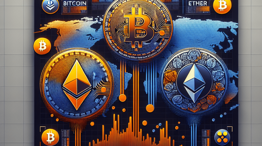 "Digital collage featuring Bitcoin, Ether, and Dogecoin logos in orange, dark blue, and midnight blue shades hovering over a global map. The image also depicts abstract representations of market fluctuations in these crypto currencies with the text 'Crypto Market Update' in a modern, bold typeface - perfectly aligning to the dimensions and brand colors."