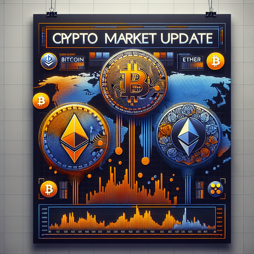 "Digital collage featuring Bitcoin, Ether, and Dogecoin logos in orange, dark blue, and midnight blue shades hovering over a global map. The image also depicts abstract representations of market fluctuations in these crypto currencies with the text 'Crypto Market Update' in a modern, bold typeface - perfectly aligning to the dimensions and brand colors."