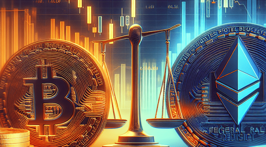 "Bitcoin and Ethereum crypto coins with volatile market graph overlay, alongside a Federal Reserve decision scale, all in brand colors Orange, Dark Blue and Midnight Blue with bold 'Crypto Market Awaits Federal Reserve Decision' text."