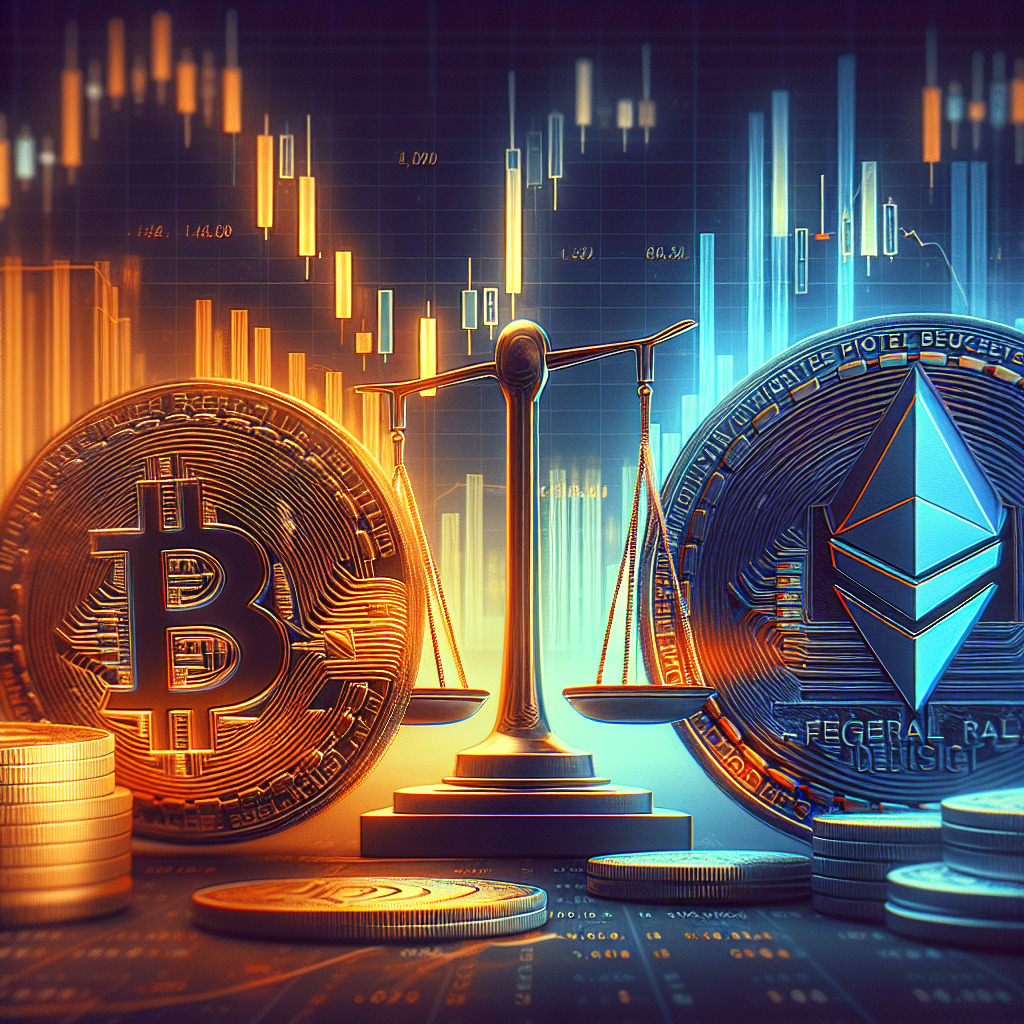 "Bitcoin and Ethereum crypto coins with volatile market graph overlay, alongside a Federal Reserve decision scale, all in brand colors Orange, Dark Blue and Midnight Blue with bold 'Crypto Market Awaits Federal Reserve Decision' text."