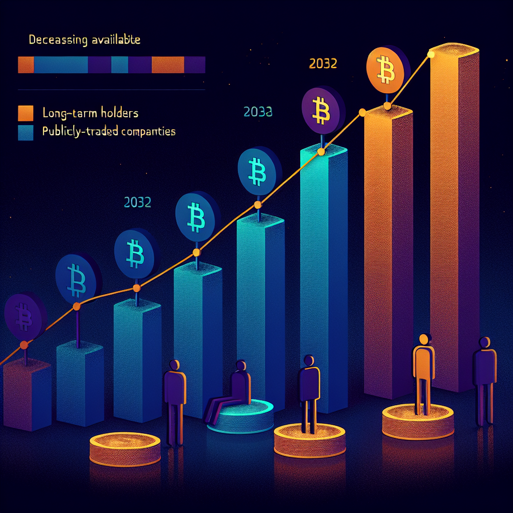 "Bitcoin Availability Decrease 2032 - Multicoloured Bar Graph Image with Stakeholders - Midnight Blue Background with Orange and Dark Blue Details"