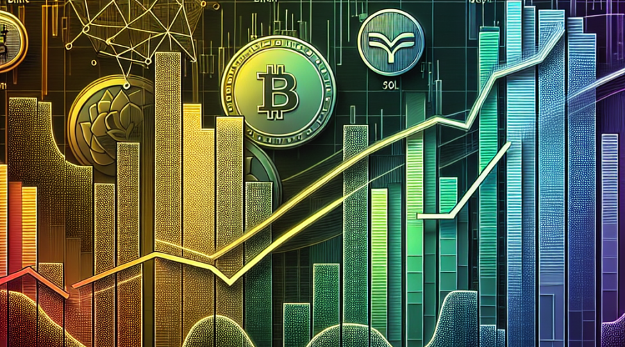 "Stylized digital stock market graph in brand-colors depicting real-time fluctuations and value changes of popular cryptocurrencies including Bitcoin, Ether, XRP, BNB, Solana's SOL, and Dogecoin, set against a faint backdrop of blockchain ties and price indicators, subtly suggesting the impact of U.S. Federal Reserve policies on the crypto market."