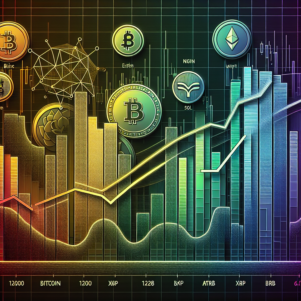 "Stylized digital stock market graph in brand-colors depicting real-time fluctuations and value changes of popular cryptocurrencies including Bitcoin, Ether, XRP, BNB, Solana's SOL, and Dogecoin, set against a faint backdrop of blockchain ties and price indicators, subtly suggesting the impact of U.S. Federal Reserve policies on the crypto market."