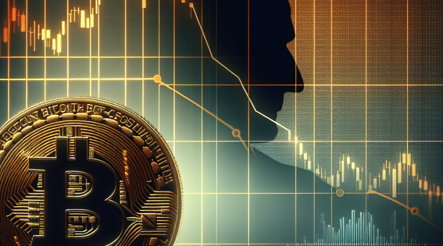 "Gold Bitcoin coin with downward falling value graph in the background, Jerome Powell giving a speech on the left, grid-like design in brand colours, midnight blue text overlay on right side saying 'Bitcoin sell-off anticipates Jerome Powell's Speech'.