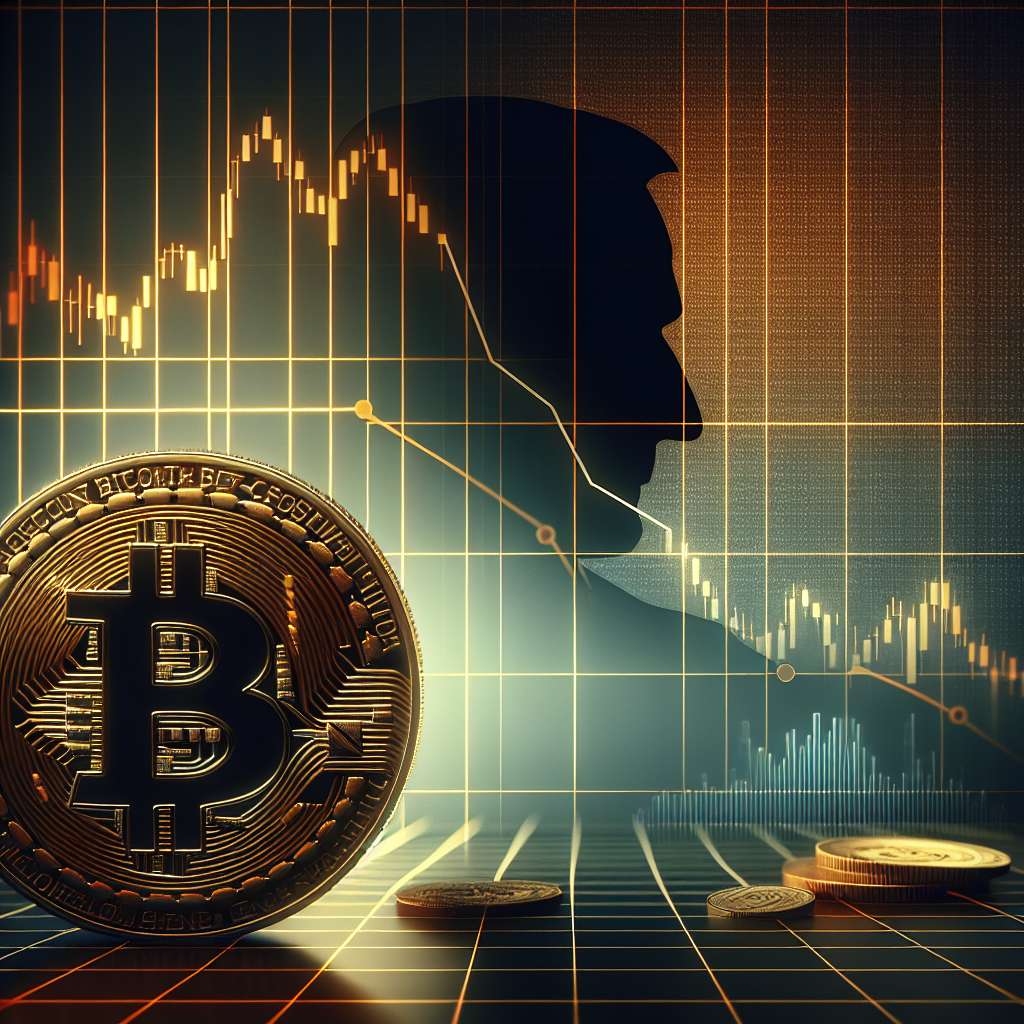 "Gold Bitcoin coin with downward falling value graph in the background, Jerome Powell giving a speech on the left, grid-like design in brand colours, midnight blue text overlay on right side saying 'Bitcoin sell-off anticipates Jerome Powell's Speech'.