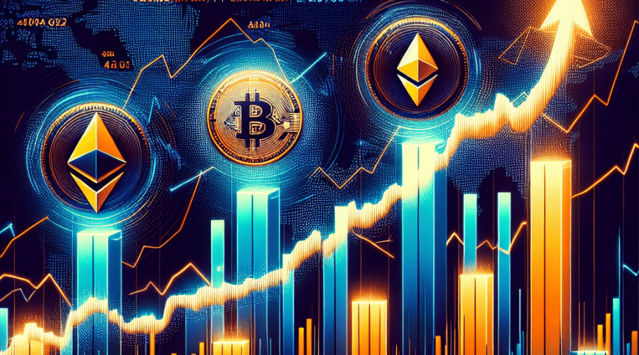 "Rising graph chart illustrating the surge in Bitcoin and Ethereum ETF inflows, with bars colored in brand shades of Dark Blue, Orange, and Midnight Blue representing consecutive days of inflows. Including symbols of Bitcoin and Ethereum coins with their current values against a transparent globe, signifying their global impact. Text at the bottom reads 'ETFs Inflows Soar as Bitcoin and Ethereum Rally'. Image sized 1200 x 628 pixels for Wordpress blog post."