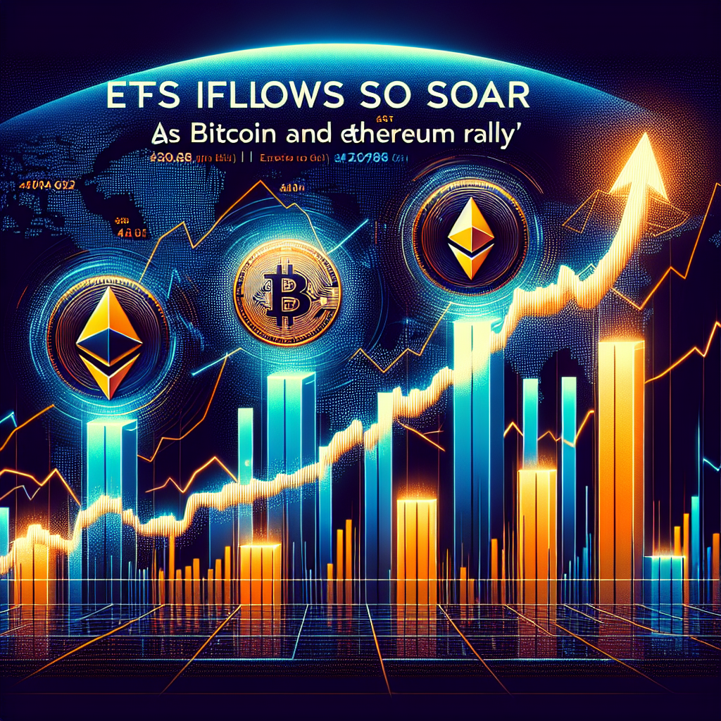 "Rising graph chart illustrating the surge in Bitcoin and Ethereum ETF inflows, with bars colored in brand shades of Dark Blue, Orange, and Midnight Blue representing consecutive days of inflows. Including symbols of Bitcoin and Ethereum coins with their current values against a transparent globe, signifying their global impact. Text at the bottom reads 'ETFs Inflows Soar as Bitcoin and Ethereum Rally'. Image sized 1200 x 628 pixels for Wordpress blog post."