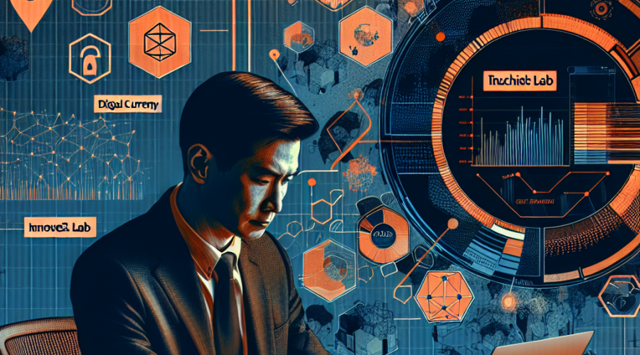 "Changpeng CZ Zhao thoughtfully analysing YZi Labs performance graphs displayed on his laptop, amidst a blend of the firm's brand colours: orange, dark and midnight blue. Documents strewn across his desk underline deep involvement in Web3 and crypto projects, prominently symbolized by the YZi Labs logo."
