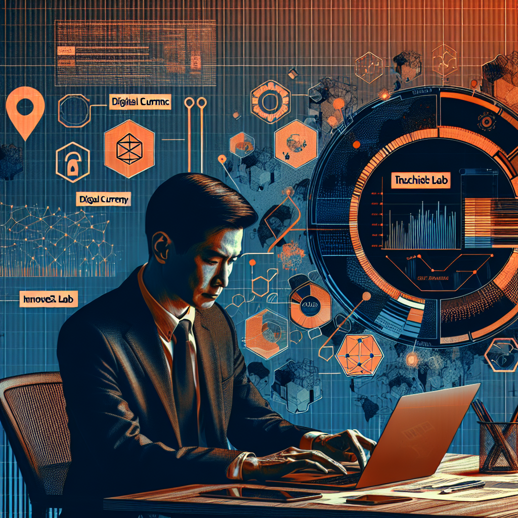 "Changpeng CZ Zhao thoughtfully analysing YZi Labs performance graphs displayed on his laptop, amidst a blend of the firm's brand colours: orange, dark and midnight blue. Documents strewn across his desk underline deep involvement in Web3 and crypto projects, prominently symbolized by the YZi Labs logo."