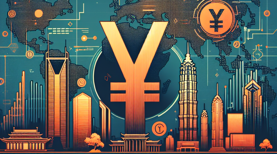 "Digital yuan symbol on a global map where Shanghai city is highlighted, representing digital finance innovation. Accentuated with the People's Bank of China and e-CNY International Operations Center silhouettes in the background, and a subtle grid pattern reflecting advanced technology. The image, primarily in shades of Orange (#FF9811) and Dark Blue (#000D43) with hints of Midnight Blue(#021B88), portrays a sophisticated and modern design."