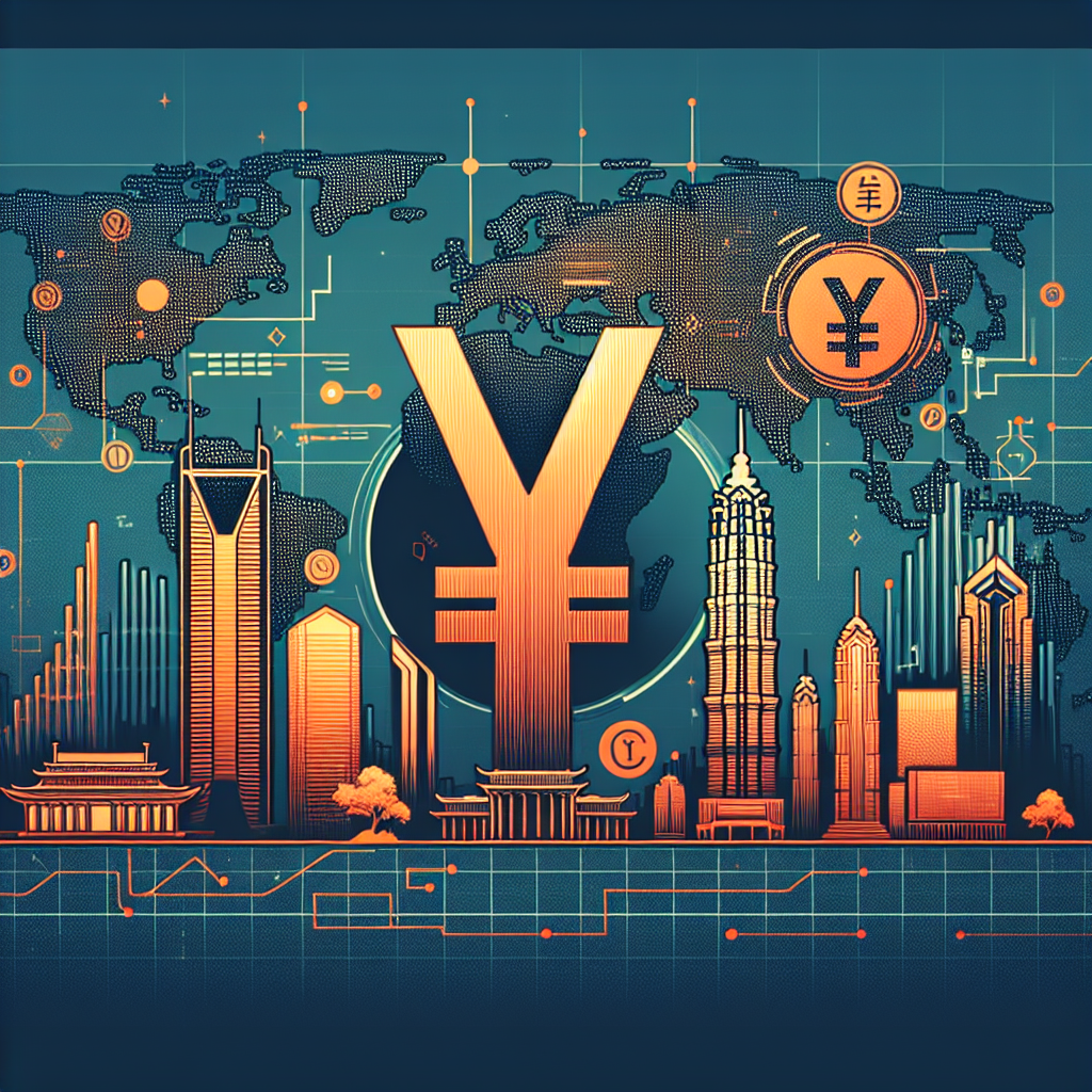 "Digital yuan symbol on a global map where Shanghai city is highlighted, representing digital finance innovation. Accentuated with the People's Bank of China and e-CNY International Operations Center silhouettes in the background, and a subtle grid pattern reflecting advanced technology. The image, primarily in shades of Orange (#FF9811) and Dark Blue (#000D43) with hints of Midnight Blue(#021B88), portrays a sophisticated and modern design."