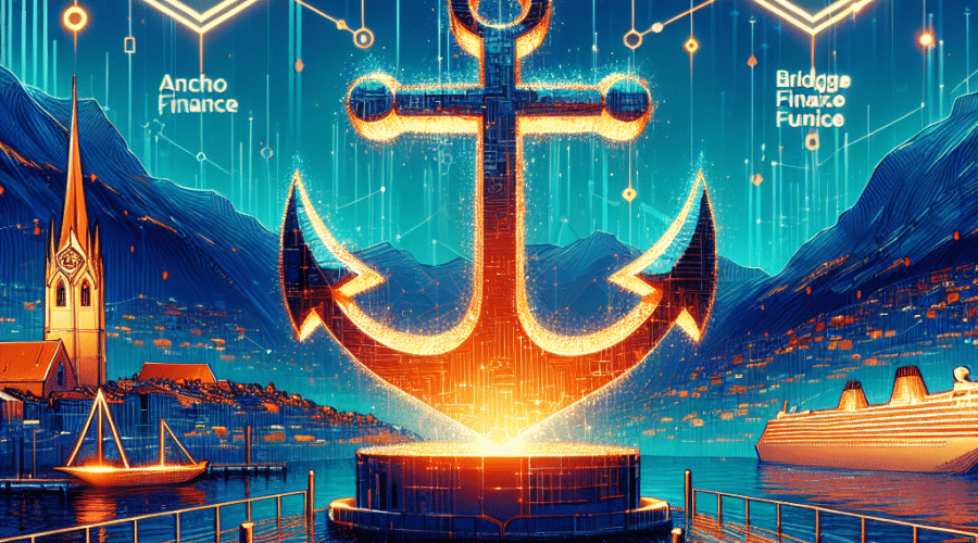 "High-tech Swiss financial digital landscape showcasing trading platforms and crypto exchanges, interconnected by a seamless network. Image features an illuminated anchor symbol, signifying AnchorNote in vibrant orange (#FF9811). Logos of Crypto Finance and BridgePort are prominently displayed. Accompanying text in dark and royal blue shades (#000D43 and #021B88) reads 'AnchorNote by Crypto Finance - Bridging the Gap between Security and Capital Efficiency in Digital Asset Trading'."