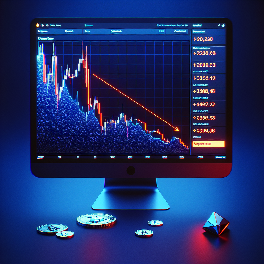 "1200x628 px image showcasing a computer screen in dark blue (#000D43) displaying plunging cryptocurrency values of Ether, Bitcoin, and Dogecoin via red candlestick charts on midnight blue background (#021B88). A bright orange (#FF9811) liquidation notification pops up on the side, correlating with the bold caption 'Crypto Market Liquidations', reinforcing the market's chaotic and uncertain state."
