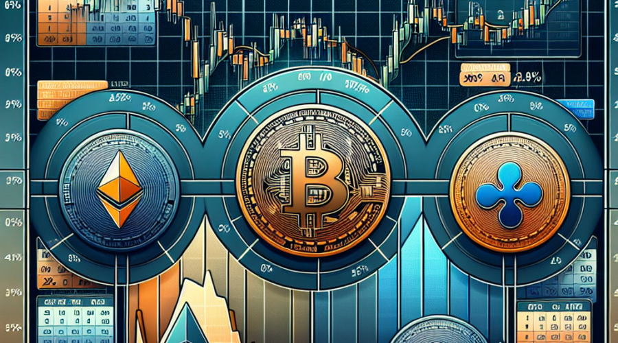 "Neutral Sentiment Crypto Market Graphs of Bitcoin, Ethereum and Ripple in Orange, Dark Blue and Midnight Blue hues. Calendar marked for Federal Reserve Rate Decisions Meeting on September 17-18. CPI report snapshot displaying a 2.9% rate in the backdrop. Image dimensions 1200 x 628 pixels."