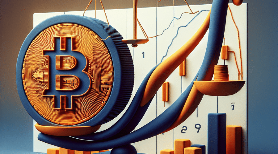 "SEO alt-text: Bitcoin coin in vibrant orange shade #FF9811 balancing on a dark blue #000D43 upward arrow on a midnight blue #021B88 scale, representing an anticipated cryptocurrency value increase in October, set against an abstract financial graph indicating market fluctuations."