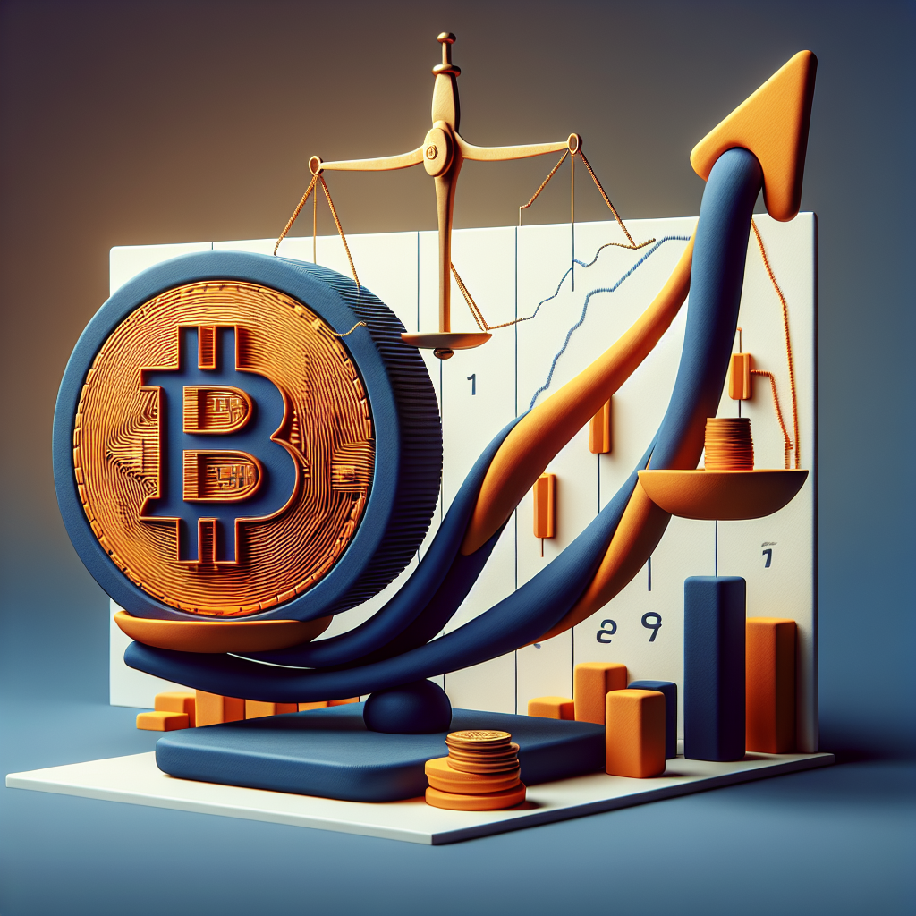 "SEO alt-text: Bitcoin coin in vibrant orange shade #FF9811 balancing on a dark blue #000D43 upward arrow on a midnight blue #021B88 scale, representing an anticipated cryptocurrency value increase in October, set against an abstract financial graph indicating market fluctuations."
