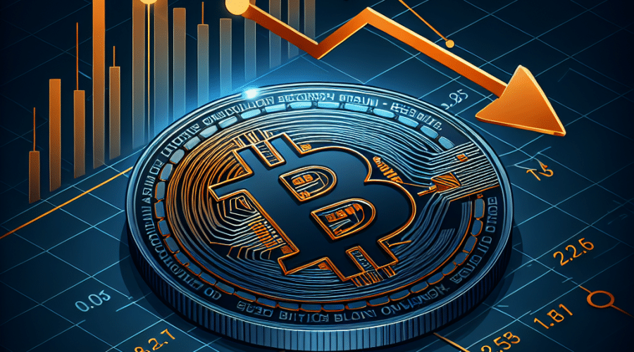 "SEO-optimized vector illustration depicting a Dogecoin market fluctuation with a sharp selloff, featuring a downward arrow on a midnight blue background. Includes an orange line graph chart tracking Dogecoin's movement from $0.27 to $0.25, with a representation of heavy trading volumes by 2.15 billion tokens stacked on the sides. Additionally, a dark blue upward arrow at the $0.25 mark symbolizes anticipated recovery. The clean and professional image design effectively uses the brand colours, using orange for emphasis and blues for background and accents, perfect for our blog aesthetic."