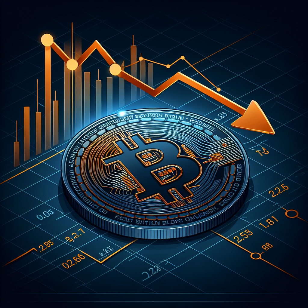 "SEO-optimized vector illustration depicting a Dogecoin market fluctuation with a sharp selloff, featuring a downward arrow on a midnight blue background. Includes an orange line graph chart tracking Dogecoin's movement from $0.27 to $0.25, with a representation of heavy trading volumes by 2.15 billion tokens stacked on the sides. Additionally, a dark blue upward arrow at the $0.25 mark symbolizes anticipated recovery. The clean and professional image design effectively uses the brand colours, using orange for emphasis and blues for background and accents, perfect for our blog aesthetic."