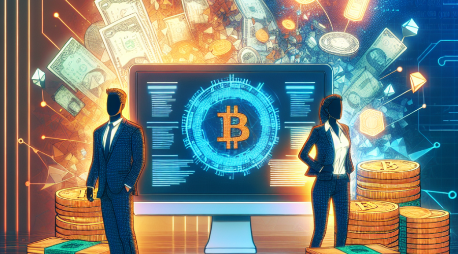 "Elon Musk and Alex Shapiro studying Dogecoin's current value on a computer screen, surrounded by a pile of 0 million dollar bills, with an illuminated digital treasury filled with cryptocoin in the background. The image features a vibrant blend of Orange #FF9811 and Dark Blue #000D43 gradients overlaid with striking Midnight Blue #021B88 accents."