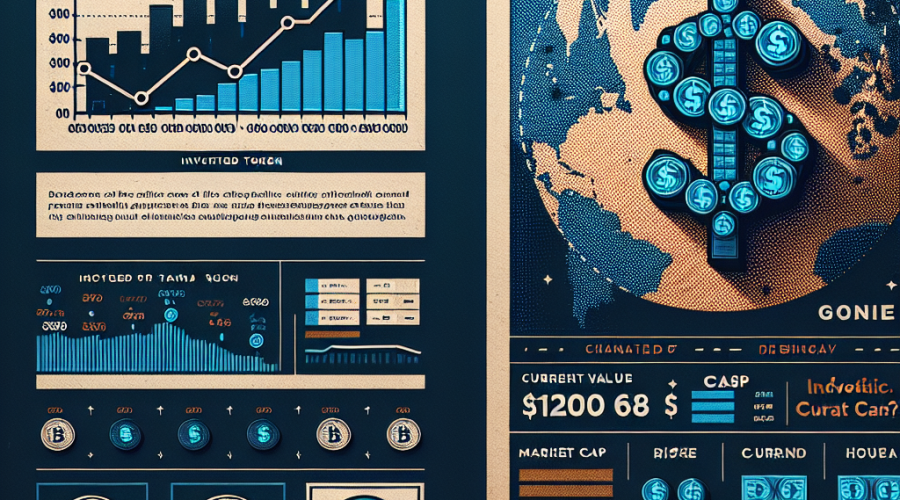 "Alt-text: Digital promotional image showcasing Ethena's ENA token graphical uptrend on the left side in a dark blue (#000D43) color. The right side of the split design features a dollar sign composed of miniature ENA tokens in a subtle orange (#FF9811) shade. Centered, bold midnight blue (#021B88) text reads 'Ethena's ENA token on the Rise', with smaller text displaying current value and market cap below. Faded world map background symbolizes Ethena's global reach. Image size is 1200 x 628 pixels."