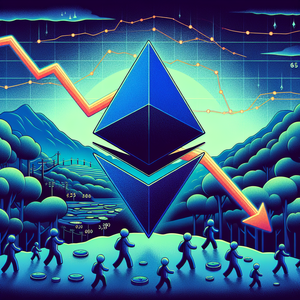 "Dark blue Ethereum logo with orange downward trend arrow symbolizing the decline in value and users of Blast, contrasted with a fragment of green paradise illustrating users moving towards more favorable alternatives. Line chart showing Blast's drop in TVL from .2 billion to  million and DAU decreasing from 77,000 to 3,500 with small illustration of unhappy users in blue. Bold midnight blue title 'Blast's Decline'. Image dimension 1200x628 pixels with shade gradients for visual depth."