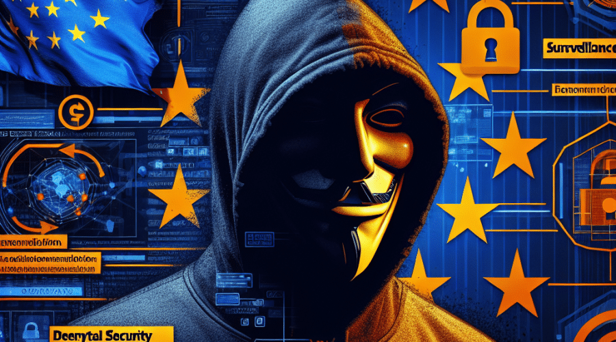 "Ethereum co-founder Vitalik Buterin critiquing EU's proposed Chat Control legislation, depicted amidst symbolic digital surveillance and privacy breach visuals in orange, dark and midnight blue hues, with EU flag and digital security elements in the frame."