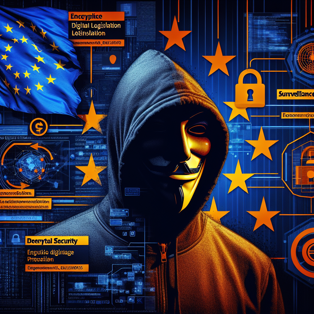 "Ethereum co-founder Vitalik Buterin critiquing EU's proposed Chat Control legislation, depicted amidst symbolic digital surveillance and privacy breach visuals in orange, dark and midnight blue hues, with EU flag and digital security elements in the frame."
