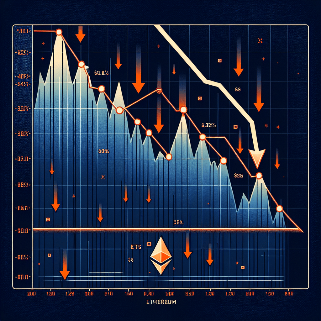 "SEO alt-text: Visual depiction of Ethereum price decline against dark blue backdrop with a support line marked at 00. Highlighted outflow of funds from Ethereum ETFs using red arrows. Heading 'Ethereum Price Crash & ETF Outflows' overlay against semi-transparent midnight blue. All lines and arrows in our brand's signature orange for contrast. Image size is 1200x628 pixels."