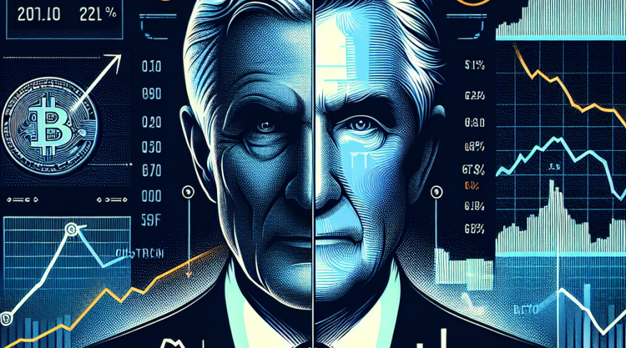 "SEO alt-text: Cryptocurrency market on the rise with Bitcoin and key cryptos surging on the left side, and Fed Chair Jerome Powell on the right side suggesting potential rate cuts; 'Crypto Surges as Rate Cut Looms' headline in bold Midnight Blue overlaying the image; keywords 'Rate Cut' subtly emphasized in Orange; backdrop featuring a slightly transparent financial chart in dark blue on a white canvas; hints of Bitcoin and other crypto symbols subtly blended; all within a crisp, well-structured 1200x628 px frame; headlines in enlarged, bold font for better visibility and comprehension."