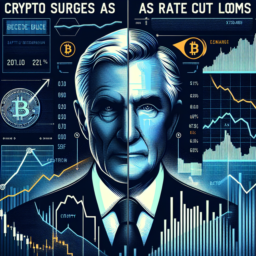"SEO alt-text: Cryptocurrency market on the rise with Bitcoin and key cryptos surging on the left side, and Fed Chair Jerome Powell on the right side suggesting potential rate cuts; 'Crypto Surges as Rate Cut Looms' headline in bold Midnight Blue overlaying the image; keywords 'Rate Cut' subtly emphasized in Orange; backdrop featuring a slightly transparent financial chart in dark blue on a white canvas; hints of Bitcoin and other crypto symbols subtly blended; all within a crisp, well-structured 1200x628 px frame; headlines in enlarged, bold font for better visibility and comprehension."