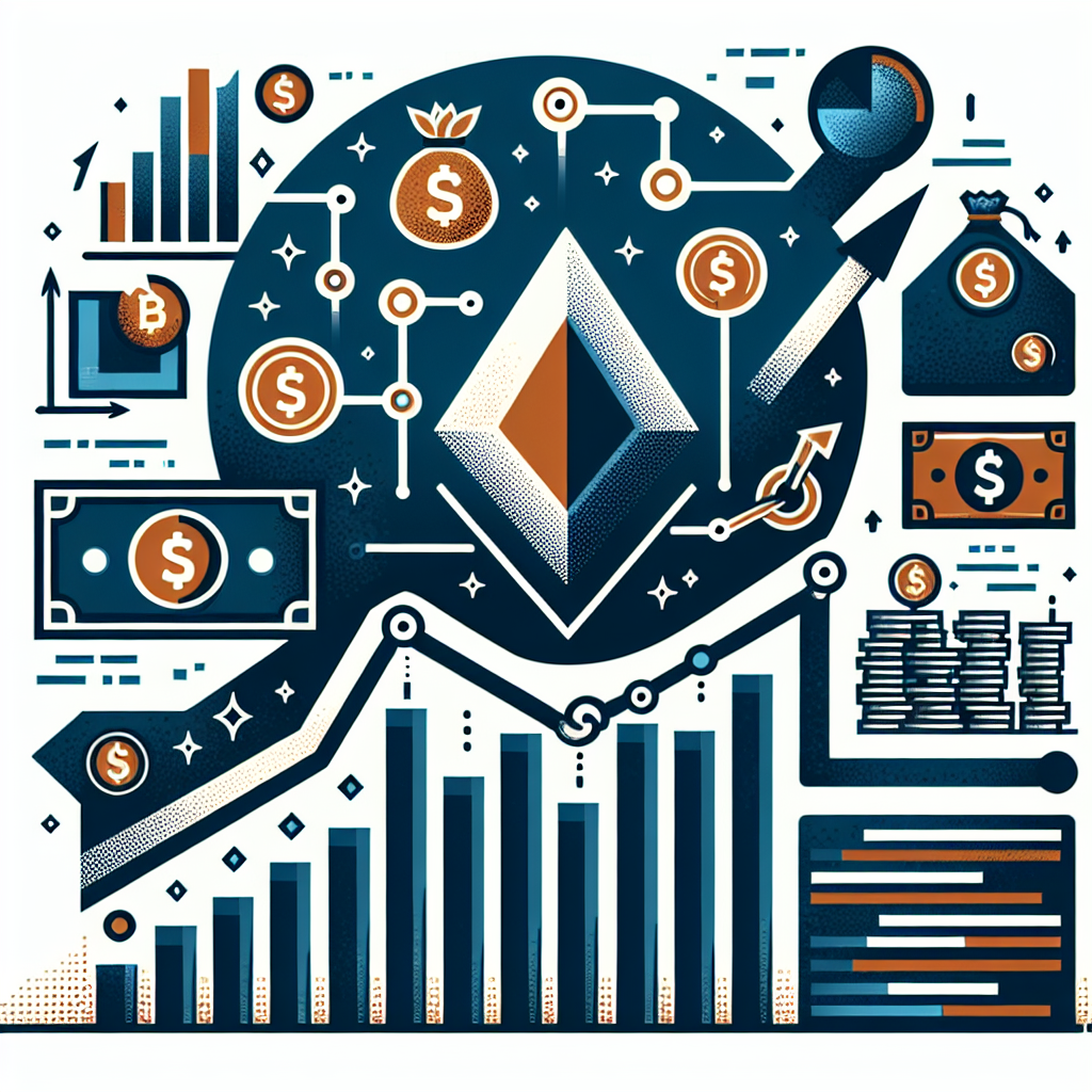 "Figure Technology Solutions logo with blockchain symbols, demonstrating a substantial increase via an upward-facing arrow and ascending bar graph. Key focus on the 0 million deal value imagery depicting large numbers and full money bags. Features of loan origination platform are highlighted, indicating Figure's blockchain ecosystem use. Color composition maintains the brand's signature Orange, Dark Blue, and Midnight Blue."