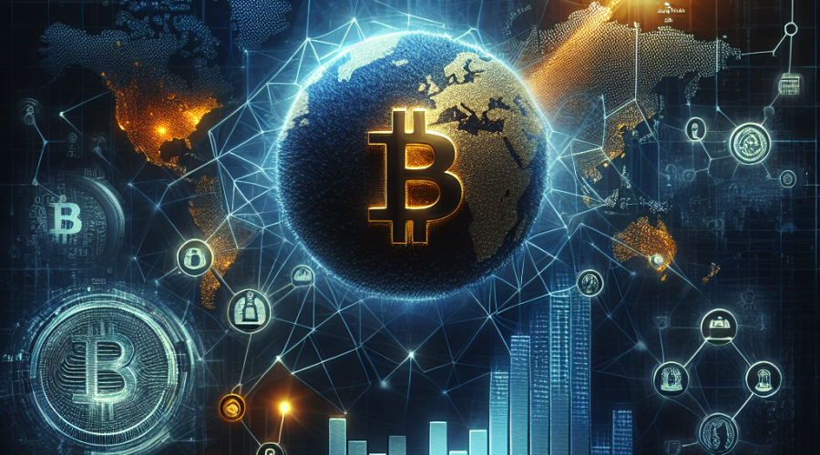 "Futuristic dark blue (#000D43) design showcasing the rising value of Bitcoin in orange (#FF9811) bar graphs, gold Bitcoin symbol over a globe reflecting global acceptance, transition from traditional finance to DeFi, and the 'Decentralization of Finance: The Future of Cryptocurrency' theme in midnight blue (#021B88)."