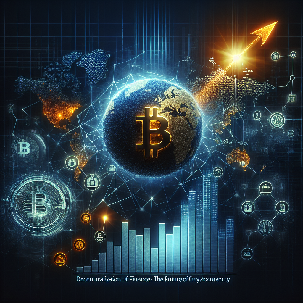 "Futuristic dark blue (#000D43) design showcasing the rising value of Bitcoin in orange (#FF9811) bar graphs, gold Bitcoin symbol over a globe reflecting global acceptance, transition from traditional finance to DeFi, and the 'Decentralization of Finance: The Future of Cryptocurrency' theme in midnight blue (#021B88)."