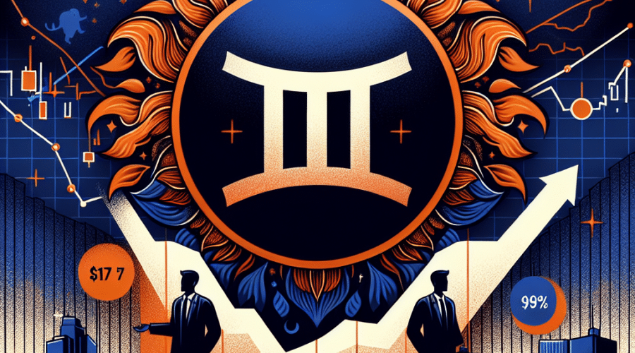 "SEO optimized alt-text: Infographic presenting Gemini logo, NASDAQ symbol, and progressive chart indicating a rise from -19 to  market price. Silhouettes of Winklevoss twins central with 94.5% highlighted, reflecting their voting power. Color scheme involves Orange, Dark Blue and Midnight Blue. Image subtly incorporates symbols of Coinbase, Bullish, Robinhood, SoFi, Webull, and Figure Technology as competitors in crypto exchange market. Size is 1200 x 628 pixels."