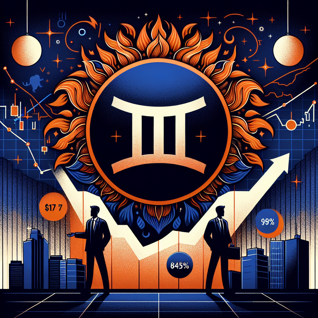 "SEO optimized alt-text: Infographic presenting Gemini logo, NASDAQ symbol, and progressive chart indicating a rise from -19 to  market price. Silhouettes of Winklevoss twins central with 94.5% highlighted, reflecting their voting power. Color scheme involves Orange, Dark Blue and Midnight Blue. Image subtly incorporates symbols of Coinbase, Bullish, Robinhood, SoFi, Webull, and Figure Technology as competitors in crypto exchange market. Size is 1200 x 628 pixels."