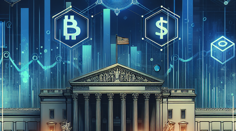 **SEO Alt-Text:** Sleek digital illustration of the U.S. Capitol building in dark blue and midnight blue, symbolizing government shutdown uncertainty, overlaid with subtle financial chart lines and blockchain motifs. Bold Bitcoin and Ethereum logos accented in orange represent the rise of cryptocurrency ETFs amid Congressional gridlock, capturing the tension and innovation in digital finance markets. Image size 1200x628px.