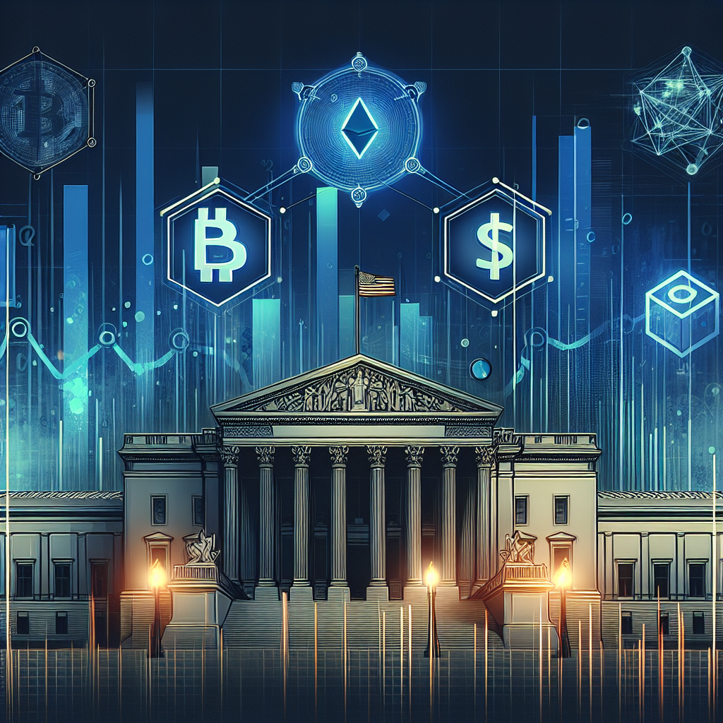 **SEO Alt-Text:** Sleek digital illustration of the U.S. Capitol building in dark blue and midnight blue, symbolizing government shutdown uncertainty, overlaid with subtle financial chart lines and blockchain motifs. Bold Bitcoin and Ethereum logos accented in orange represent the rise of cryptocurrency ETFs amid Congressional gridlock, capturing the tension and innovation in digital finance markets. Image size 1200x628px.