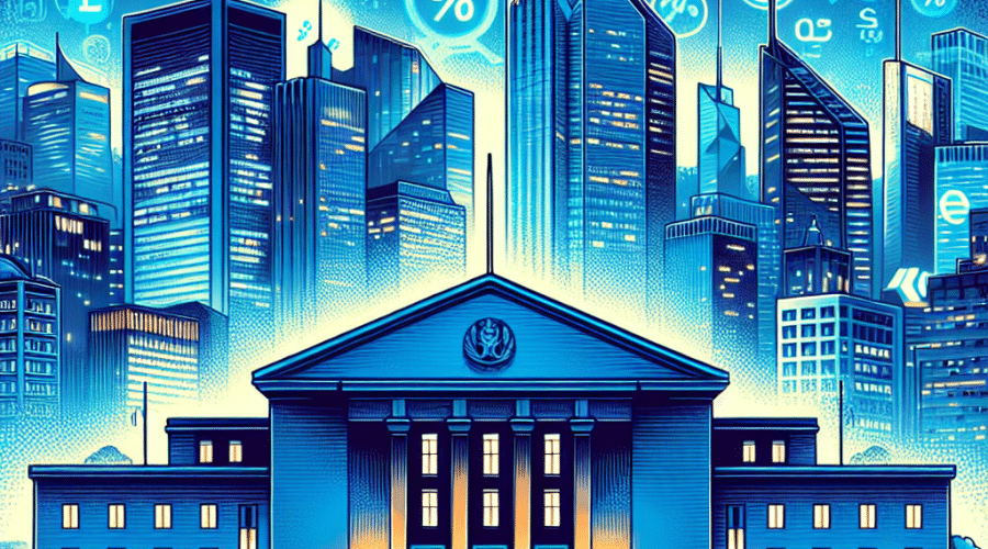 "Hong Kong skyline under a dark blue night sky, central bank building in orange highlight, surrounded by decentralization symbols indicating cryptocurrency. Elements illustrating lenient capital requirements such as shrinking percentage symbols and bank vaults with fewer guards or locks. Crypto assets or tokens visible emphasizing the topic of cryptocurrency. Aesthetically transformed in brand colors dark blue and midnight blue with orange highlights. Optimized for web at 1200x628 pixels."