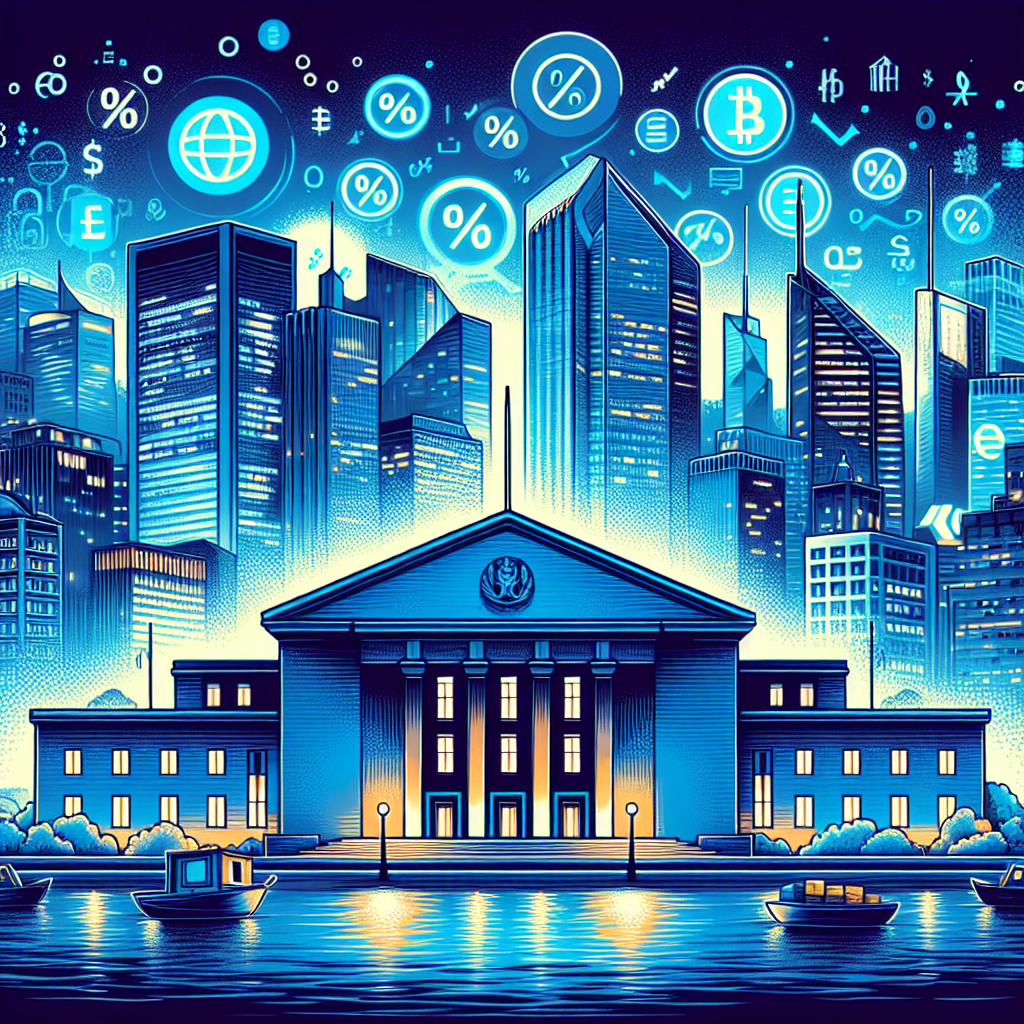 "Hong Kong skyline under a dark blue night sky, central bank building in orange highlight, surrounded by decentralization symbols indicating cryptocurrency. Elements illustrating lenient capital requirements such as shrinking percentage symbols and bank vaults with fewer guards or locks. Crypto assets or tokens visible emphasizing the topic of cryptocurrency. Aesthetically transformed in brand colors dark blue and midnight blue with orange highlights. Optimized for web at 1200x628 pixels."