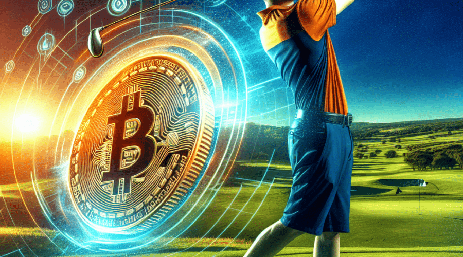 "Adam Scott, famous golfer, showcasing a powerful swing on a vivid green golf course with the bright sky as backdrop, in a striking orange and blue KuCoin-branded shirt. KuCoin logo in foreground and crypto symbols subtly displayed in the background, representing KuCoin's sports sponsorship initiatives. Image designed in brand colors Orange: #FF9811, Dark Blue: #000D43, Midnight blue: #021B88 with a resolution of 1200 x 628 pixels."